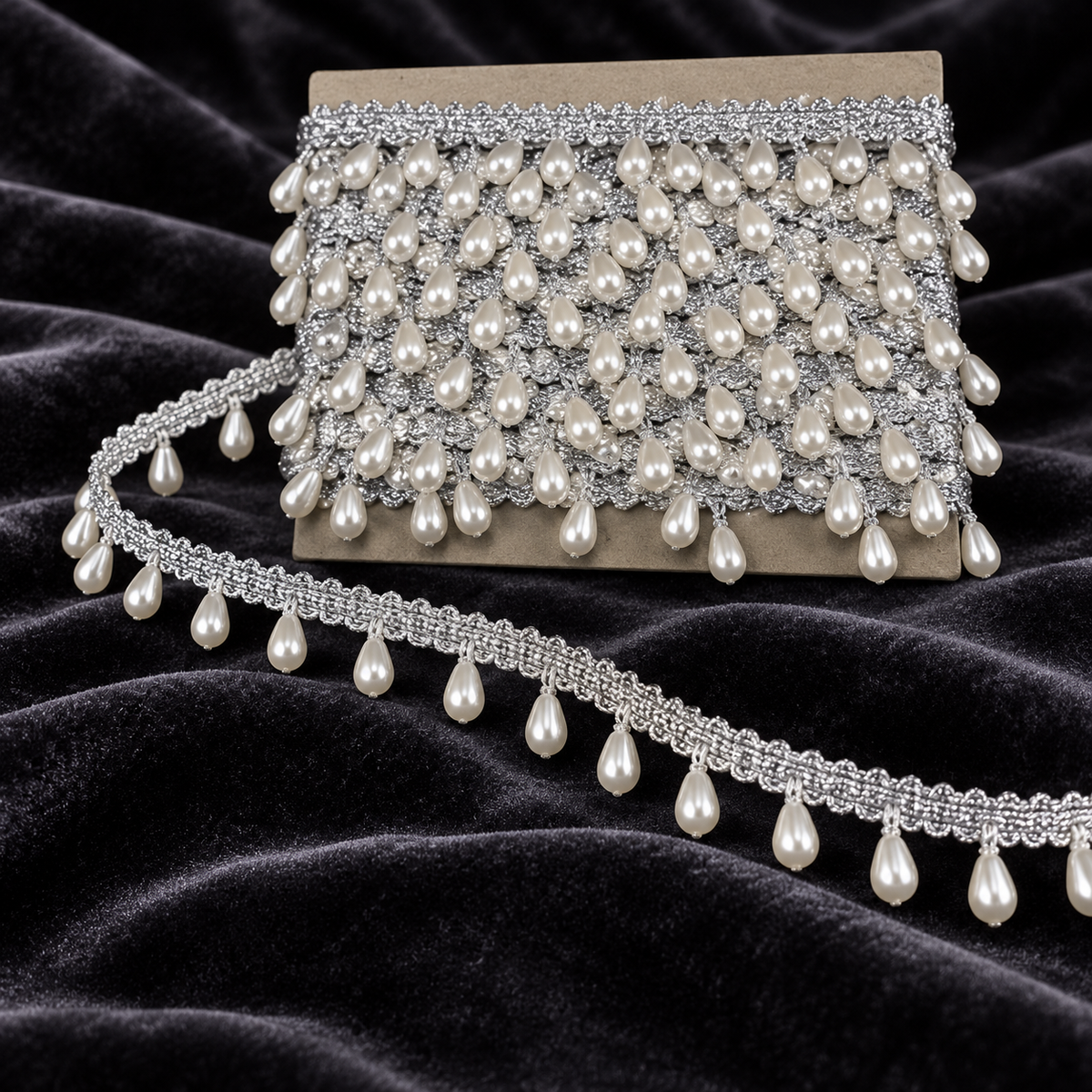 Premium Silver & White Pearl Teardrop Hanging Lace Border – 9 Meter | Designer Moti Latkan Lace for Saree, Blouse, Dupatta & Lehenga