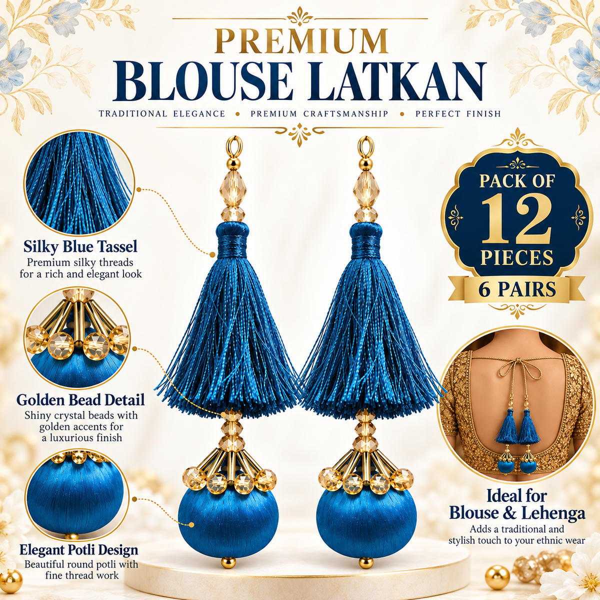 Premium Peacock Blue Designer Blouse Latkan with Silky Tassels, Golden Crystal Beads & Round Potli – Pack of 12 Pieces (6 Pairs)