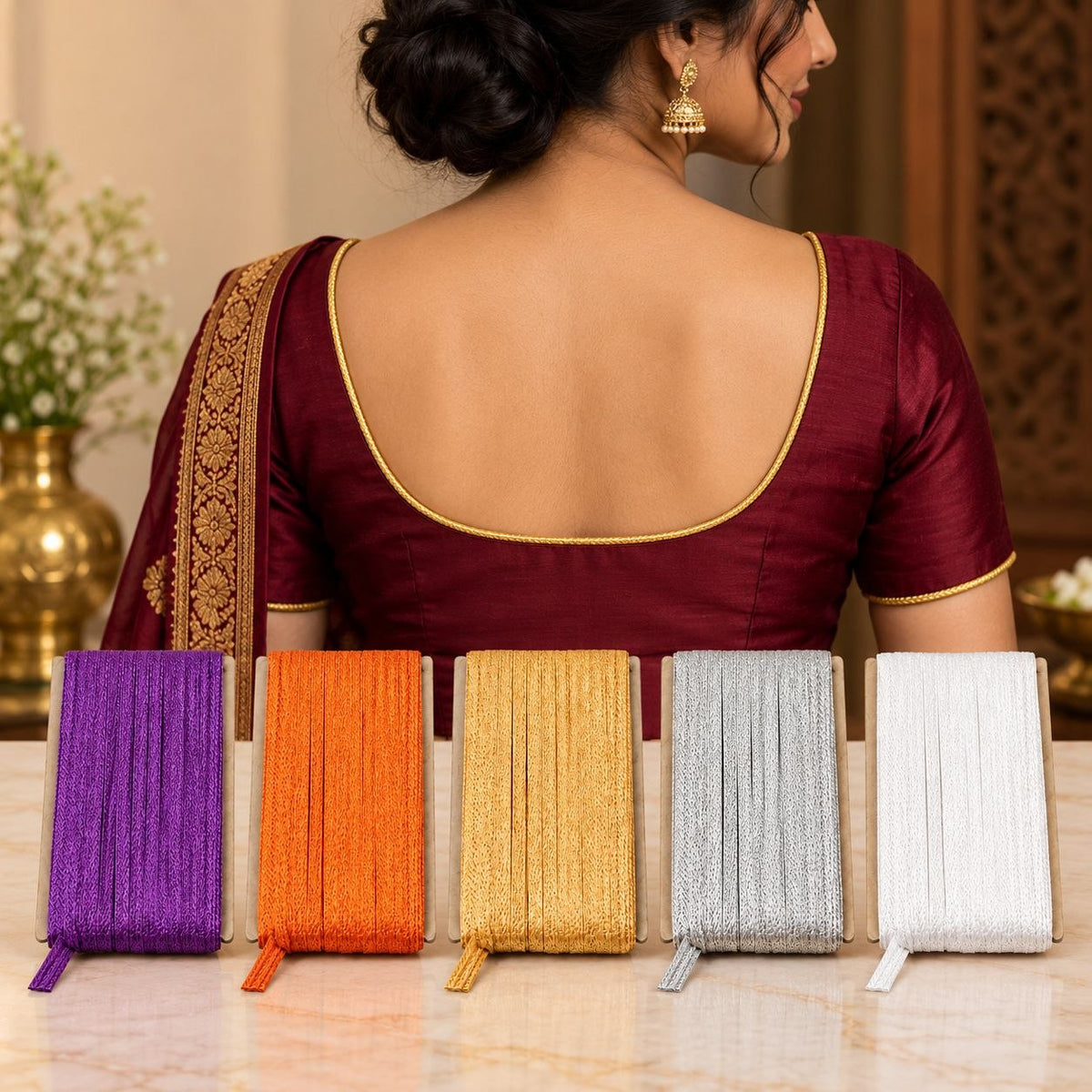 Blouse Piping Dori Pack of 5 Colours | Purple, Orange, Golden, Silver & White | Blouse & Dress Stitching
