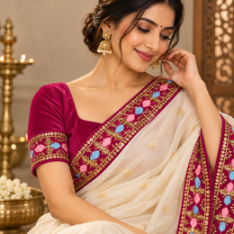 Premium Rani Pink Velvet Floral Embroidered Lace Border with Golden Zari & Sequin Work for Saree, Blouse, Dupatta, Lehenga & Kurti – 9 Meter