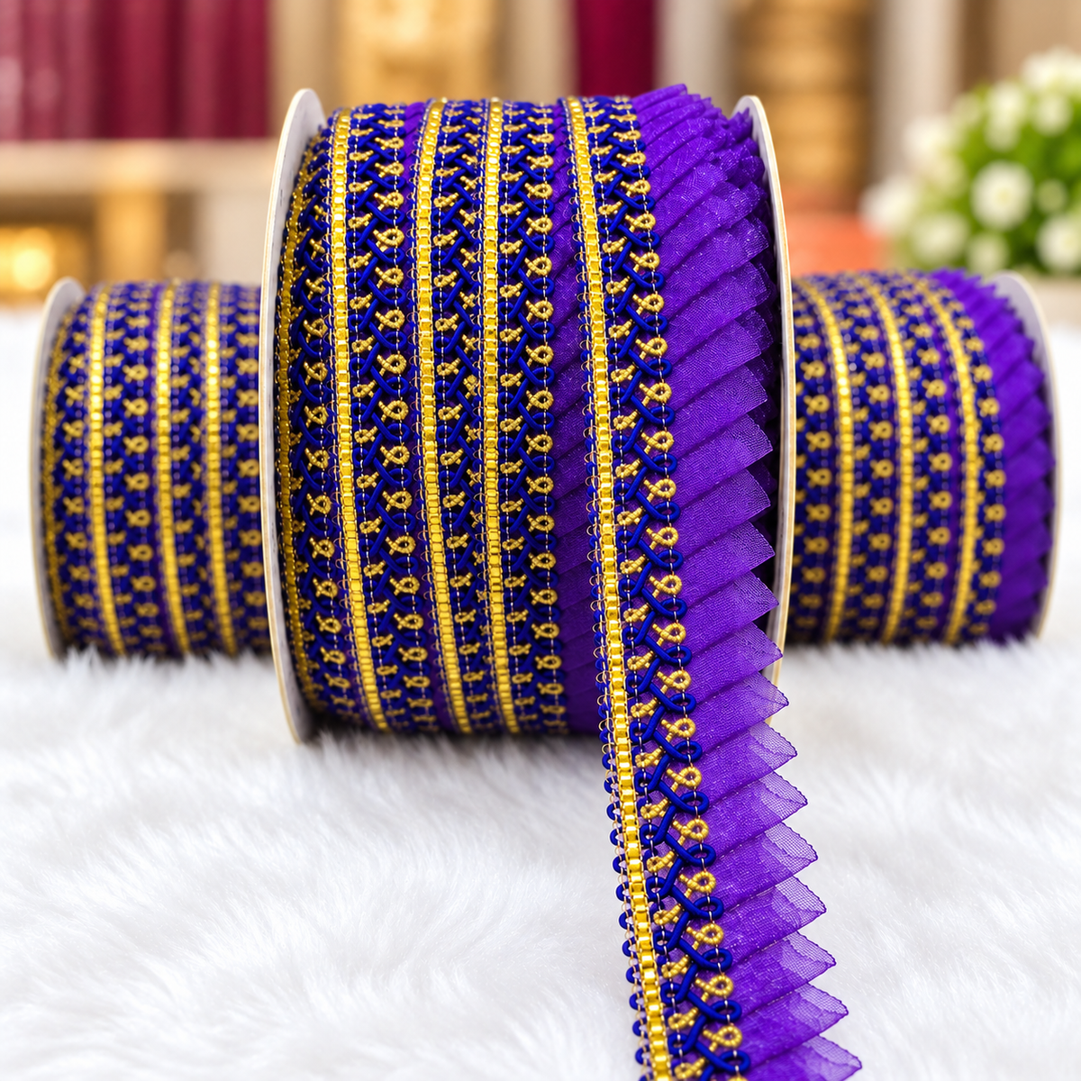 Violet Purple Frill Lace Border with Royal Blue & Gold Detailing for Saree, Blouse & Dupatta – Pack of 3 Rolls