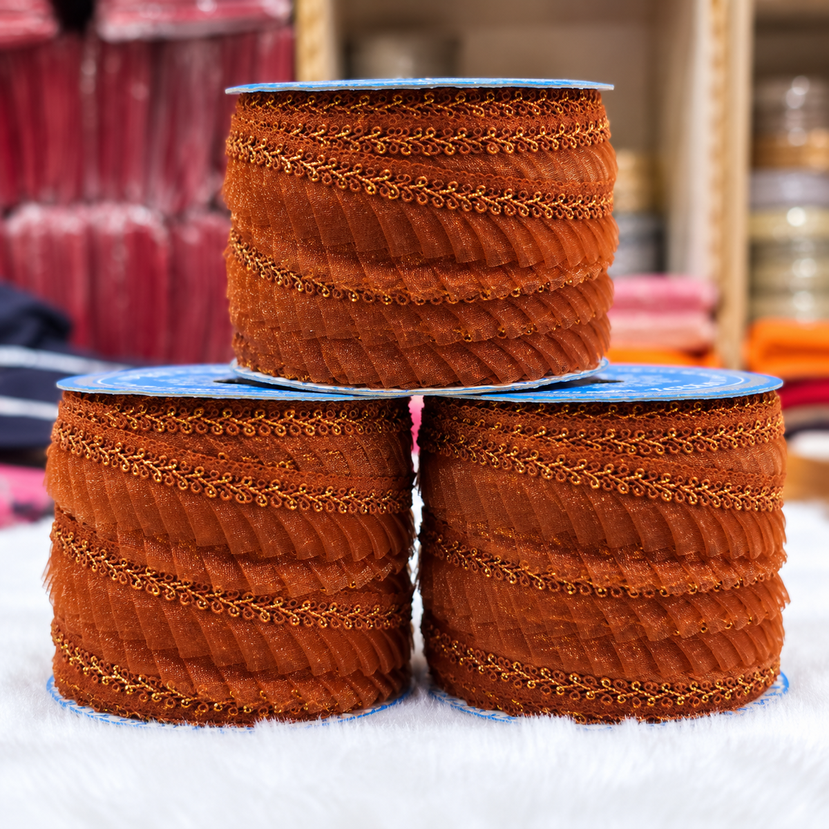 Rust Brown Pleated Frill Lace Border with Golden Detailing for Saree, Blouse & Dupatta – Pack of 3 Rolls