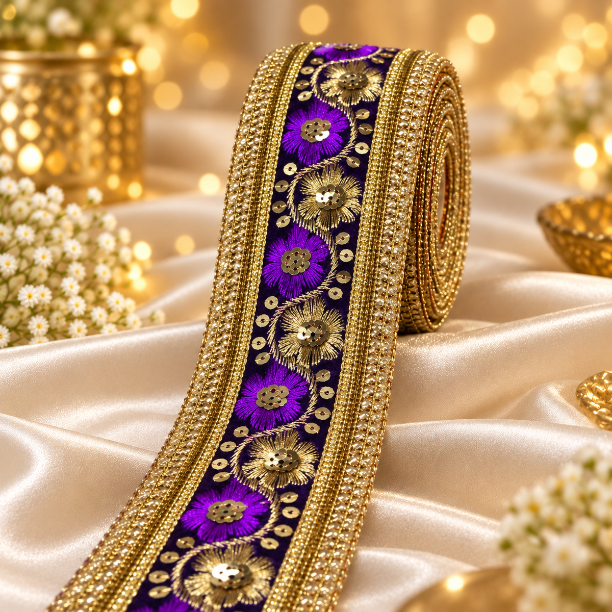 Premium Purple & Gold Floral Embroidery Lace Border with Golden Sequin Work for Saree, Lehenga, Blouse, Dupatta & Bridal Wear – 9 Meter