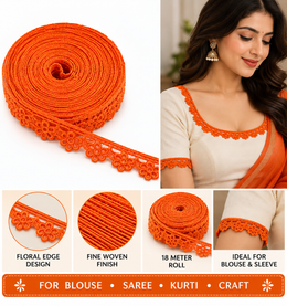 Decorative Lace Orange Colour 18 Meter Floral Edge Lace for Blouse Saree and Craft