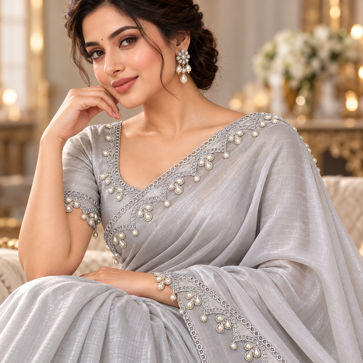Silver Pearl Work Scalloped Net Lace Border for Saree, Blouse, Dupatta & Lehenga – 9 Meter Roll