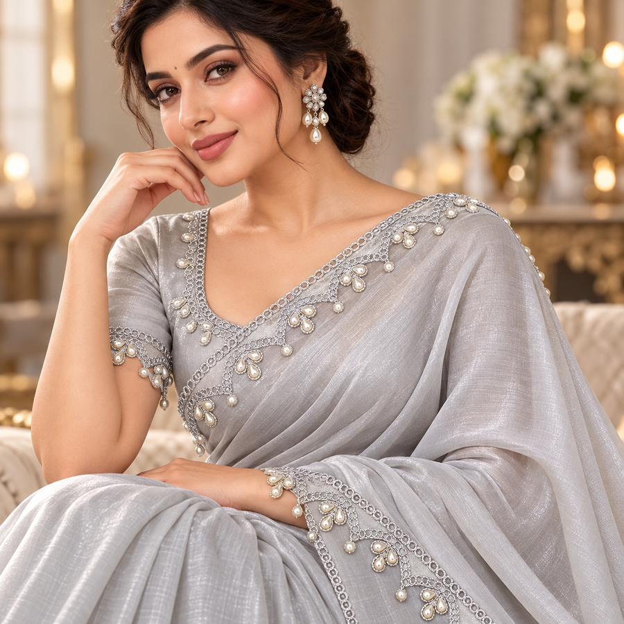 Silver Pearl Work Scalloped Net Lace Border for Saree, Blouse, Dupatta & Lehenga – 9 Meter Roll