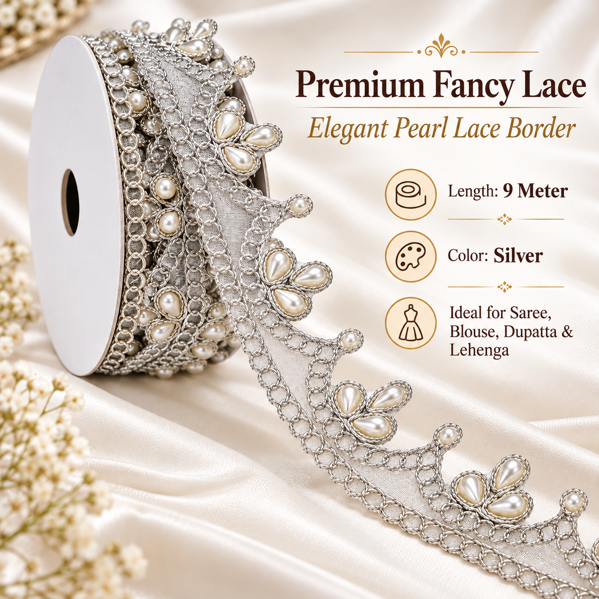 Silver Pearl Work Scalloped Net Lace Border for Saree, Blouse, Dupatta & Lehenga – 9 Meter Roll