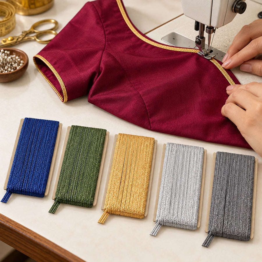 Blouse Piping Dori Pack of 5 Colours | Blue, Green, Golden, Silver & Grey | Tailoring & Blouse Stitching