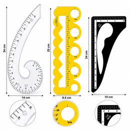 3 Piece Tailoring Curve Ruler Set for Blouse, Kurti & Dress Pattern Making | French Curve, Designer Template & Triangle