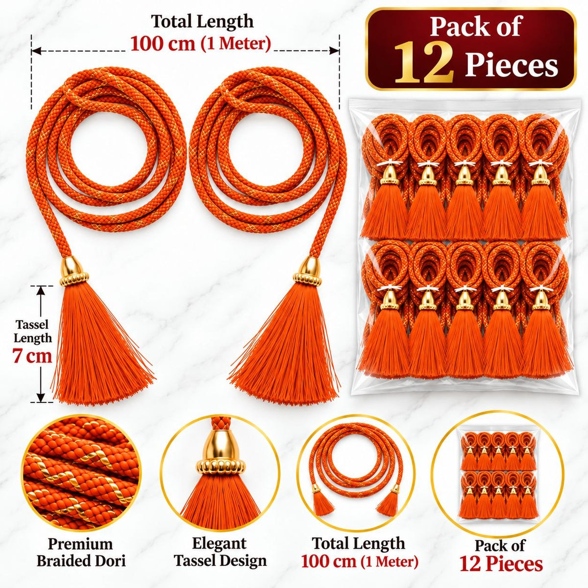 Orange Blouse Dori with Tassel Latkan | 1 Meter Braided Dori | Pack of 12