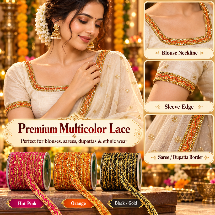 Premium Multicolor Golden Zari Decorative Lace Trim for Saree, Blouse, Dupatta, Lehenga & Kurti Border – Assorted Colours Pack of 12 Rolls