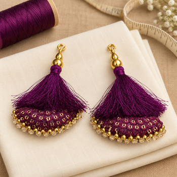 Designer Wine Purple Blouse & Lehenga Latkan with Golden Beads and Sequins – Pack of 12 Pieces (6 Pairs)