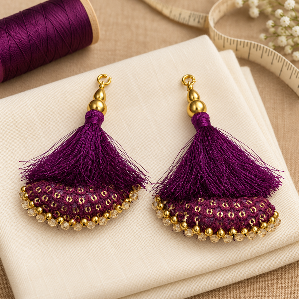 Designer Wine Purple Blouse & Lehenga Latkan with Golden Beads and Sequins – Pack of 12 Pieces (6 Pairs)