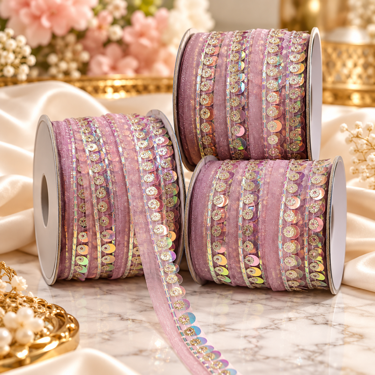 Light Pink Sequin & Bead Work Decorative Lace Border for Saree, Blouse & Dupatta – Pack of 3 Rolls, 9 Meters Each