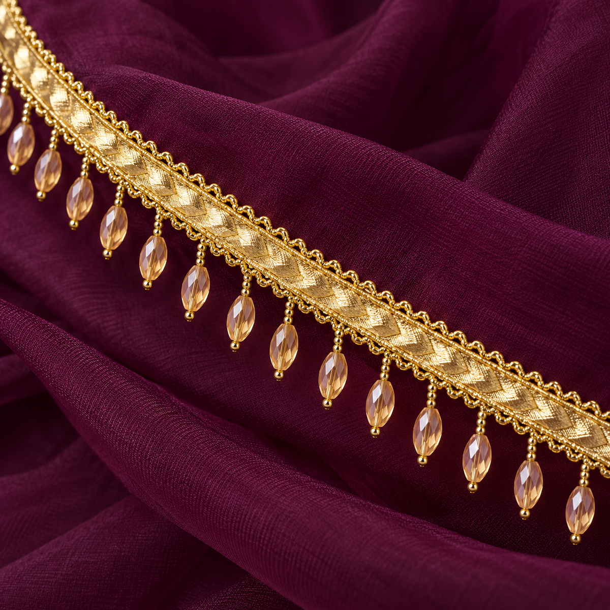 Premium Champagne Gold Oval Crystal Beaded Hanging Lace Border – 9 Meter | Designer Golden Fringe Lace for Saree, Dupatta, Blouse & Lehenga