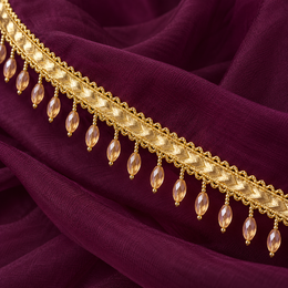 Premium Champagne Gold Oval Crystal Beaded Hanging Lace Border – 9 Meter | Designer Golden Fringe Lace for Saree, Dupatta, Blouse & Lehenga