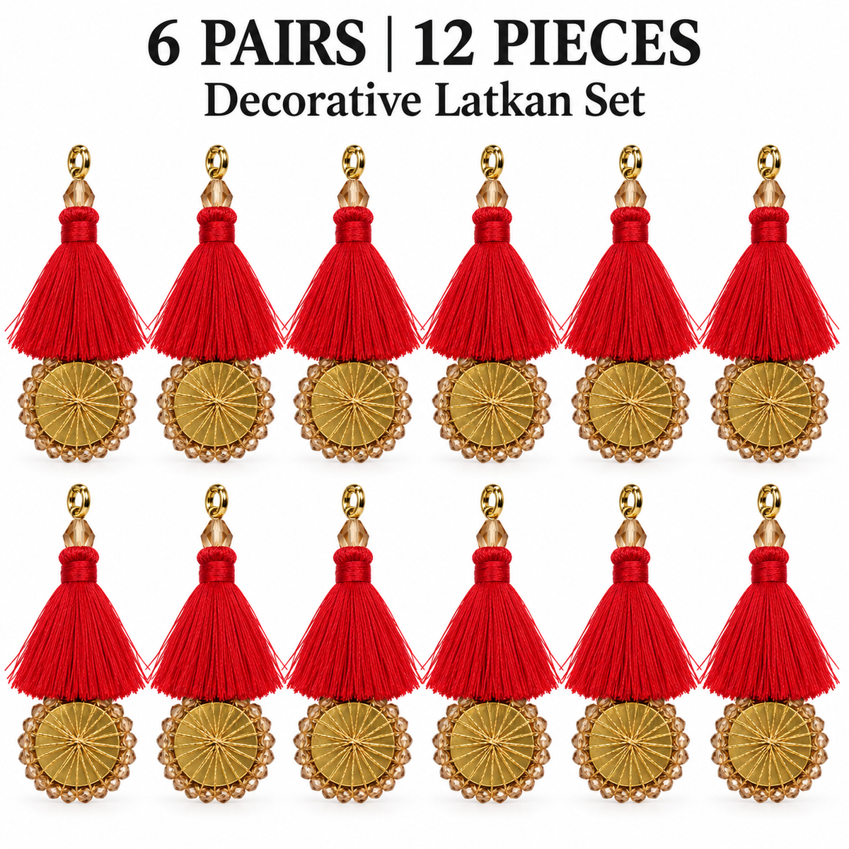 Red Thread Tassel Latkan with Golden Round Beaded Design for Blouse & Lehenga – 6 Pairs (12 Pieces)
