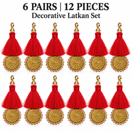 Red Thread Tassel Latkan with Golden Round Beaded Design for Blouse & Lehenga – 6 Pairs (12 Pieces)