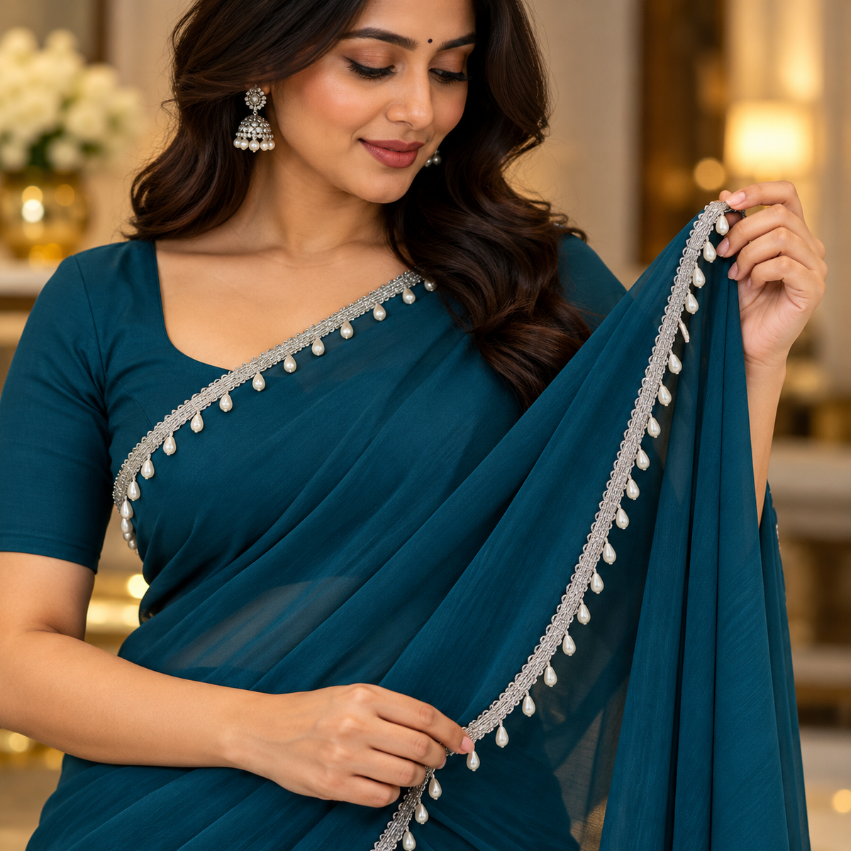 Premium Silver & White Pearl Teardrop Hanging Lace Border – 9 Meter | Designer Moti Latkan Lace for Saree, Blouse, Dupatta & Lehenga
