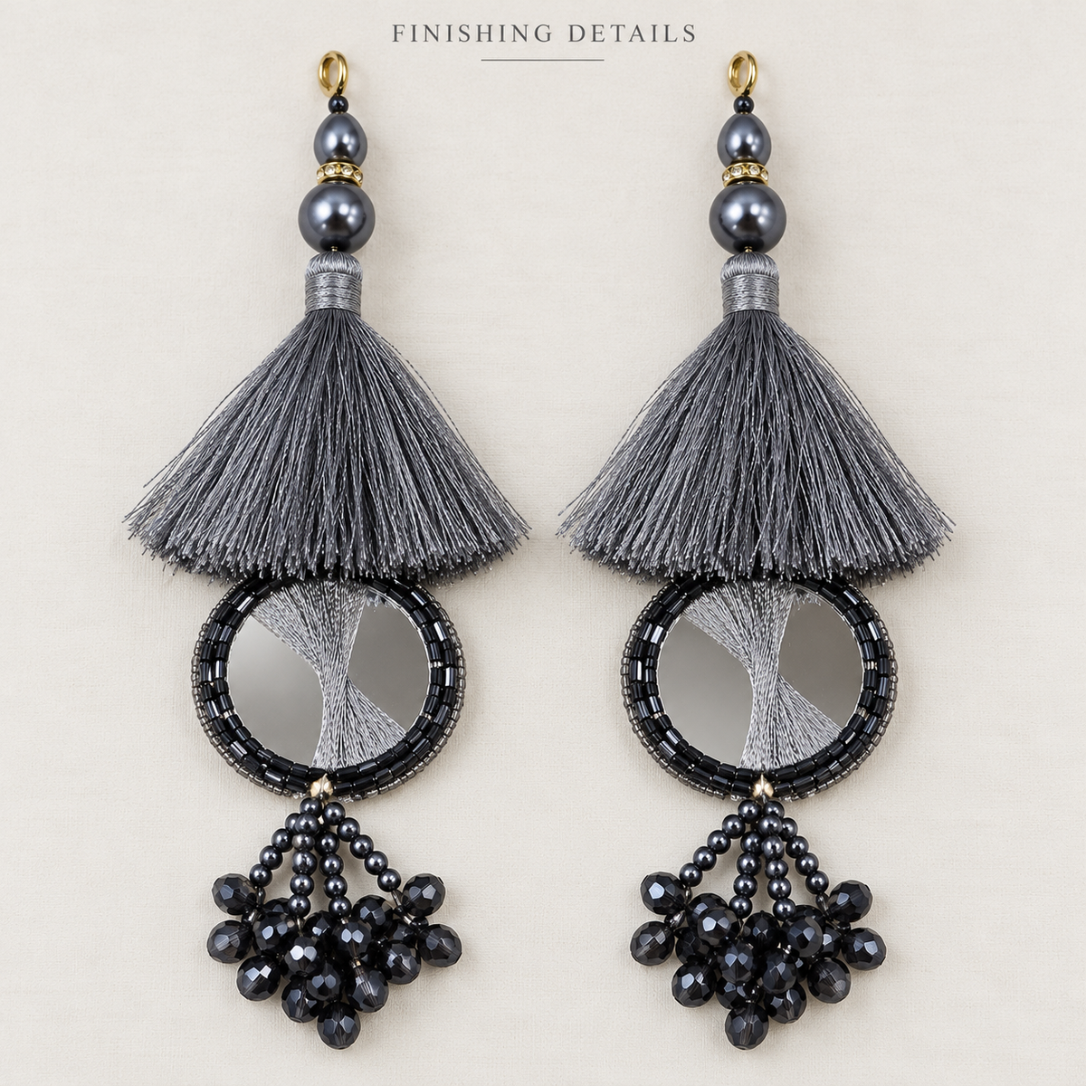 Grey & Black Mirror Work Designer Latkan for Blouse & Lehenga Dori | Silk Thread Tassels with Round Mirror & Black Crystal Bead Hanging | Pack of 12 Pieces (6 Pairs)