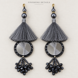Grey & Black Mirror Work Designer Latkan for Blouse & Lehenga Dori | Silk Thread Tassels with Round Mirror & Black Crystal Bead Hanging | Pack of 12 Pieces (6 Pairs)