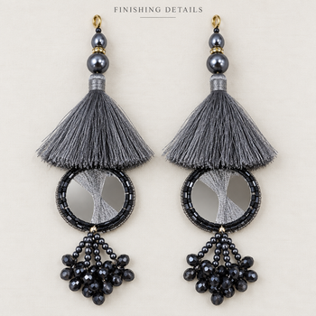 Grey & Black Mirror Work Designer Latkan for Blouse & Lehenga Dori | Silk Thread Tassels with Round Mirror & Black Crystal Bead Hanging | Pack of 12 Pieces (6 Pairs)