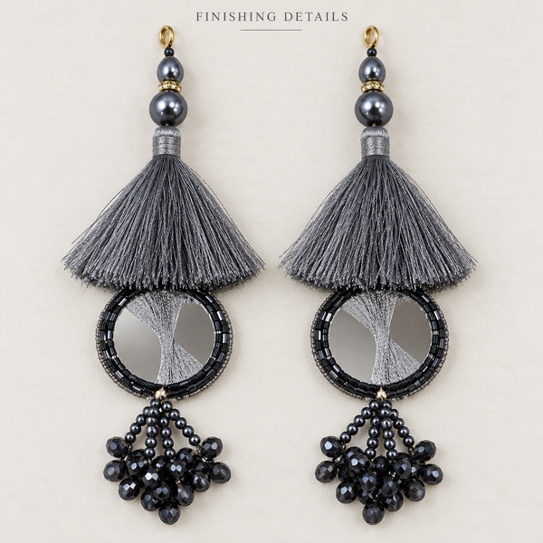 Grey & Black Mirror Work Designer Latkan for Blouse & Lehenga Dori | Silk Thread Tassels with Round Mirror & Black Crystal Bead Hanging | Pack of 12 Pieces (6 Pairs)
