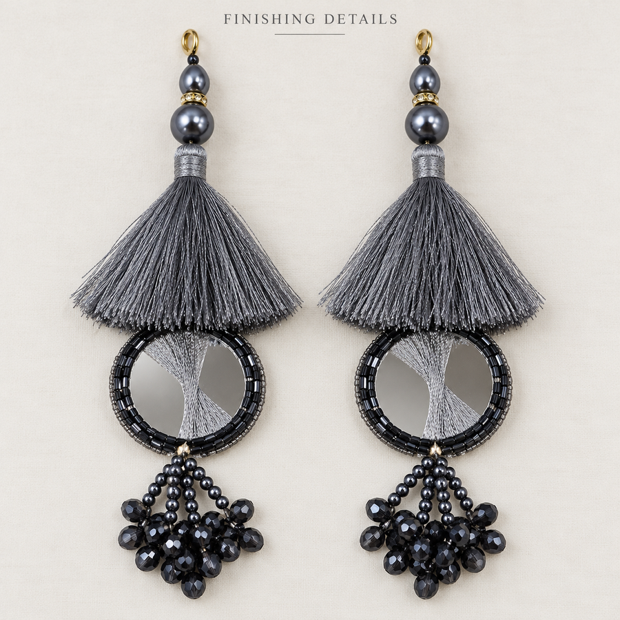 Grey & Black Mirror Work Designer Latkan for Blouse & Lehenga Dori | Silk Thread Tassels with Round Mirror & Black Crystal Bead Hanging | Pack of 12 Pieces (6 Pairs)