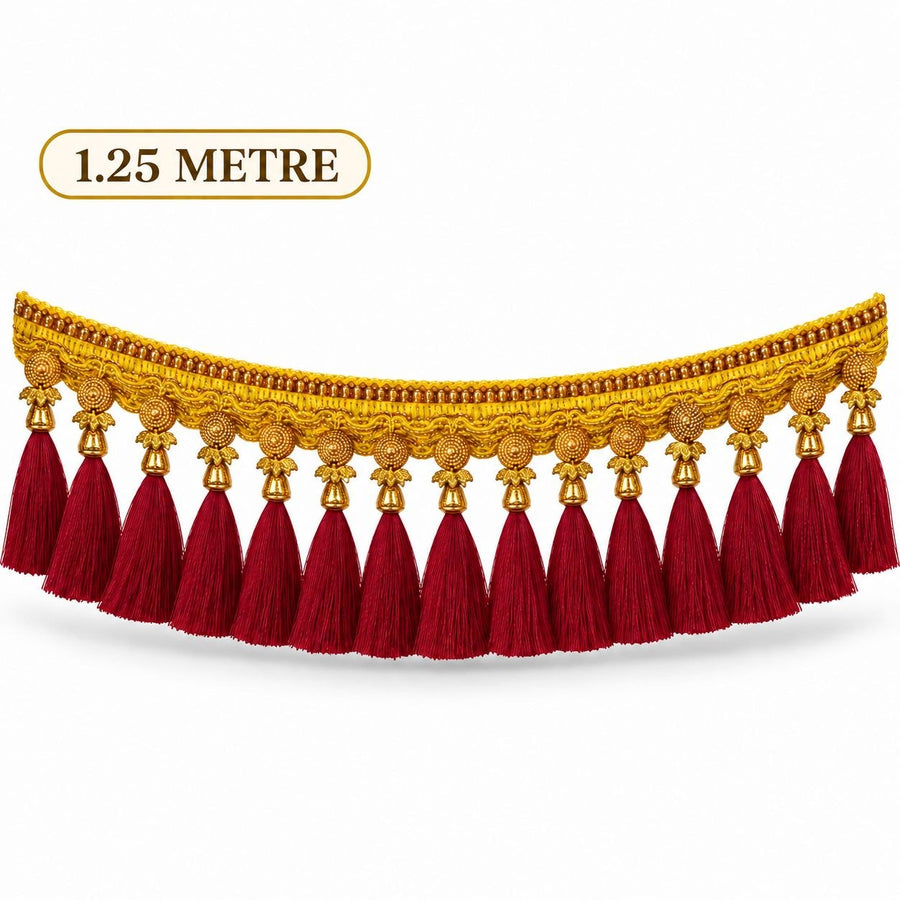 Premium Golden Saree Pallu Latkan Lace with Maroon Tassels – 1.25 Metre Designer Decorative Border