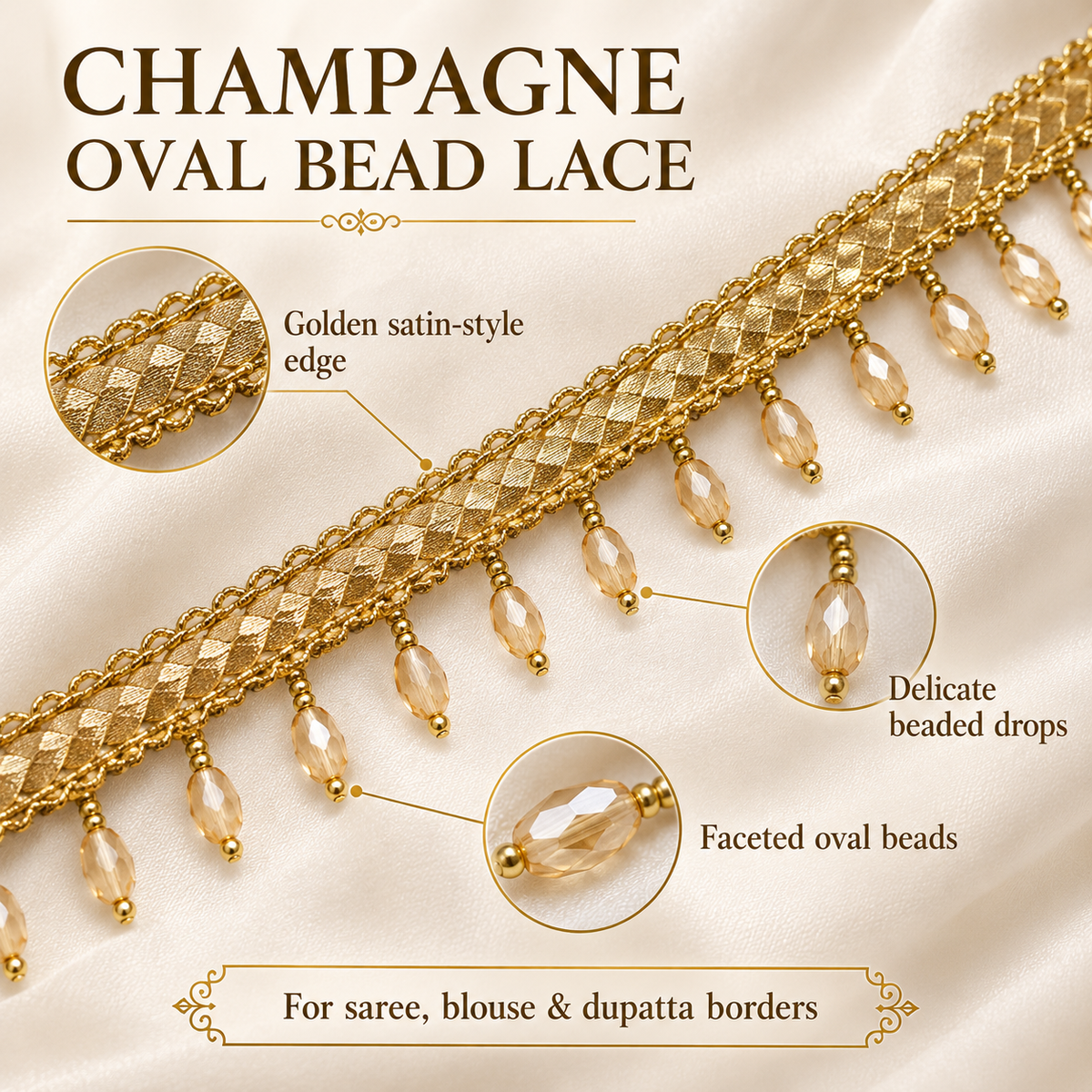 Premium Champagne Gold Oval Crystal Beaded Hanging Lace Border – 9 Meter | Designer Golden Fringe Lace for Saree, Dupatta, Blouse & Lehenga