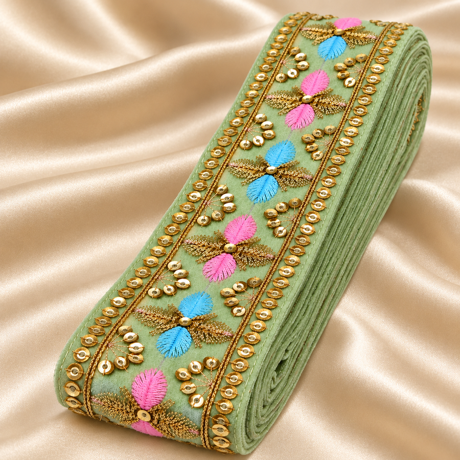 Premium Pista Green Floral Embroidered Lace Border with Golden Zari & Sequin Work for Saree, Blouse, Dupatta, Lehenga & Kurti – 9 Meter