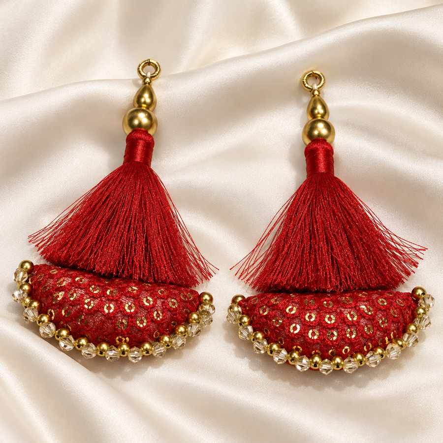 Red Designer Blouse Latkan with Silk Thread Tassels, Gold Sequins & Bead Work | Lehenga Dori Hanging Tassels – 6 Pair (12 Pieces)