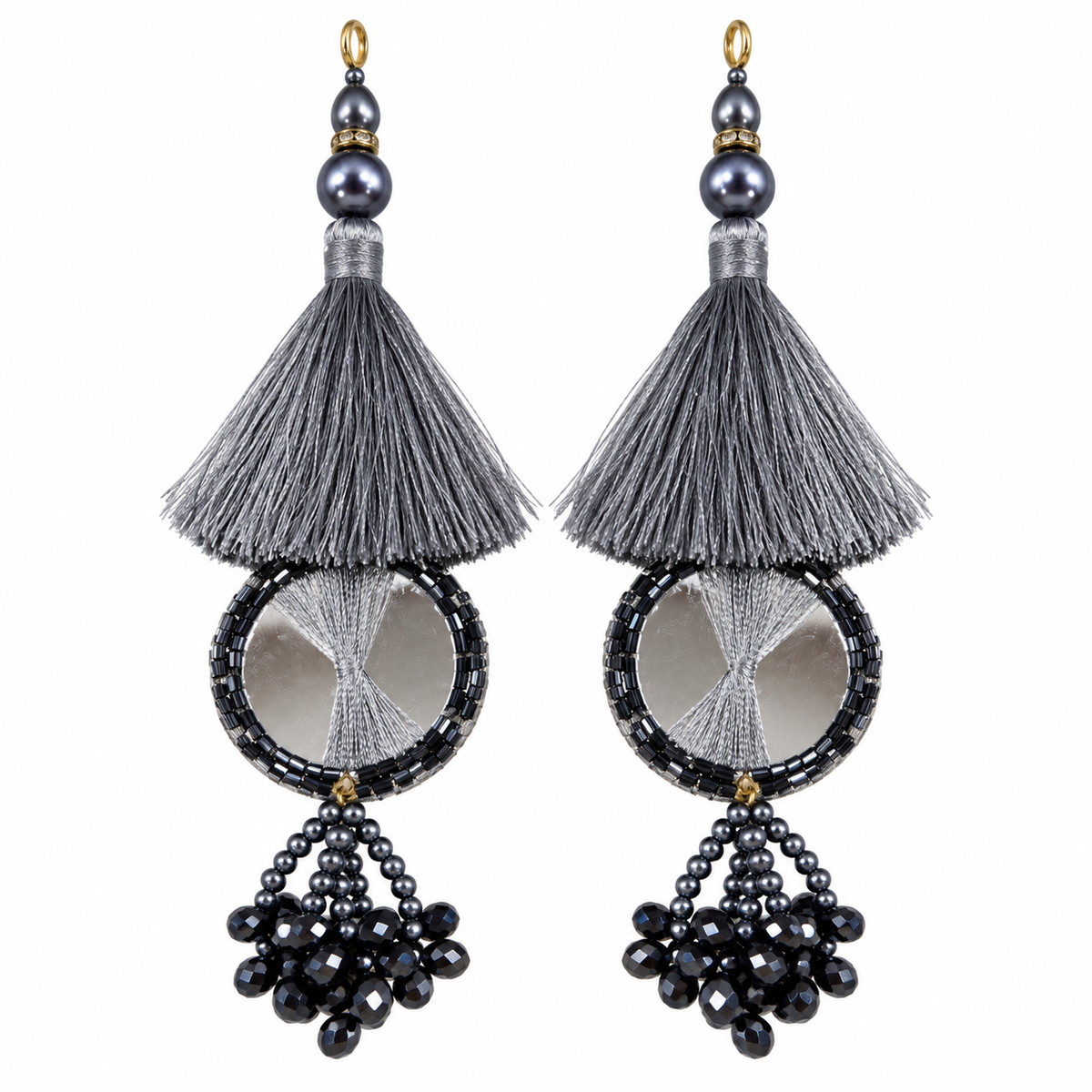 Grey & Black Mirror Work Designer Latkan for Blouse & Lehenga Dori | Silk Thread Tassels with Round Mirror & Black Crystal Bead Hanging | Pack of 12 Pieces (6 Pairs)