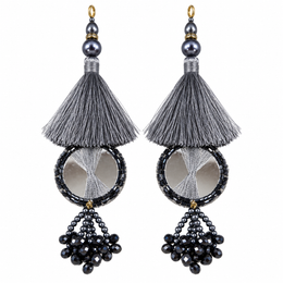Grey & Black Mirror Work Designer Latkan for Blouse & Lehenga Dori | Silk Thread Tassels with Round Mirror & Black Crystal Bead Hanging | Pack of 12 Pieces (6 Pairs)