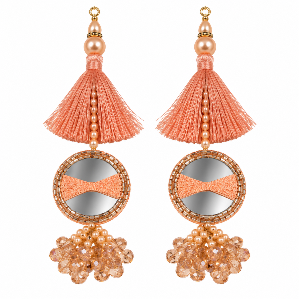 Orange Peach Mirror Work Designer Latkan for Blouse & Lehenga Dori | Silk Thread Tassel with Round Mirror, Pearl & Crystal Bead Hanging | Pack of 12 Pieces (6 Pairs)