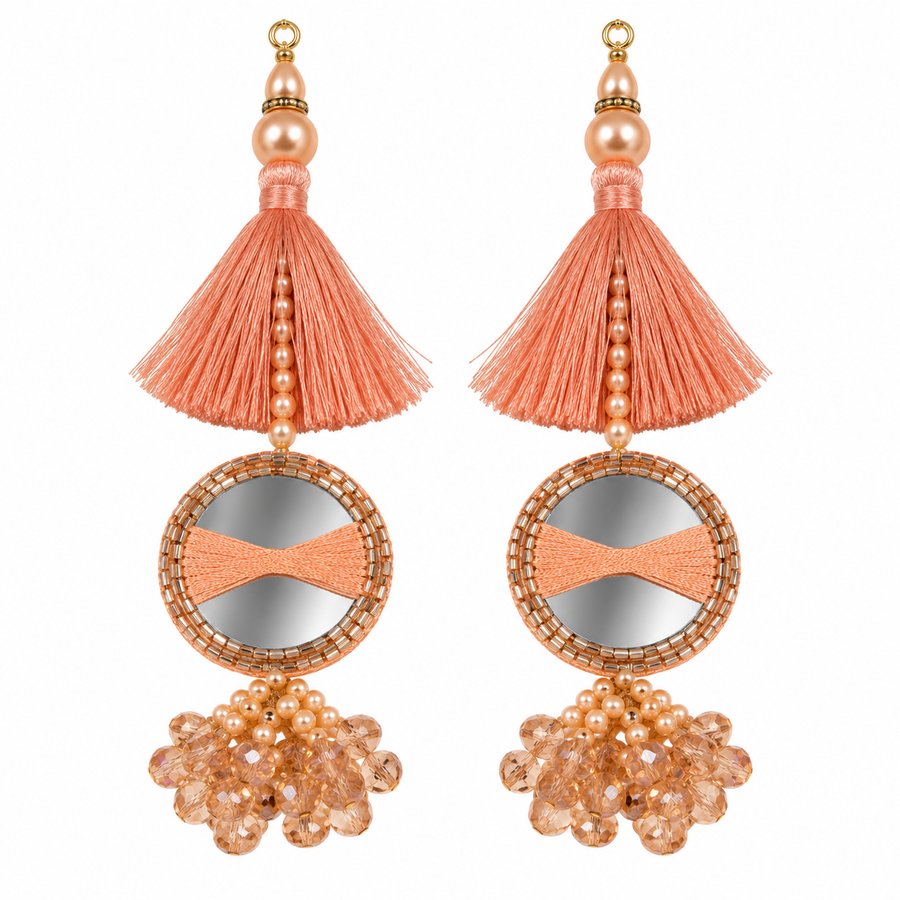 Orange Peach Mirror Work Designer Latkan for Blouse & Lehenga Dori | Silk Thread Tassel with Round Mirror, Pearl & Crystal Bead Hanging | Pack of 12 Pieces (6 Pairs)