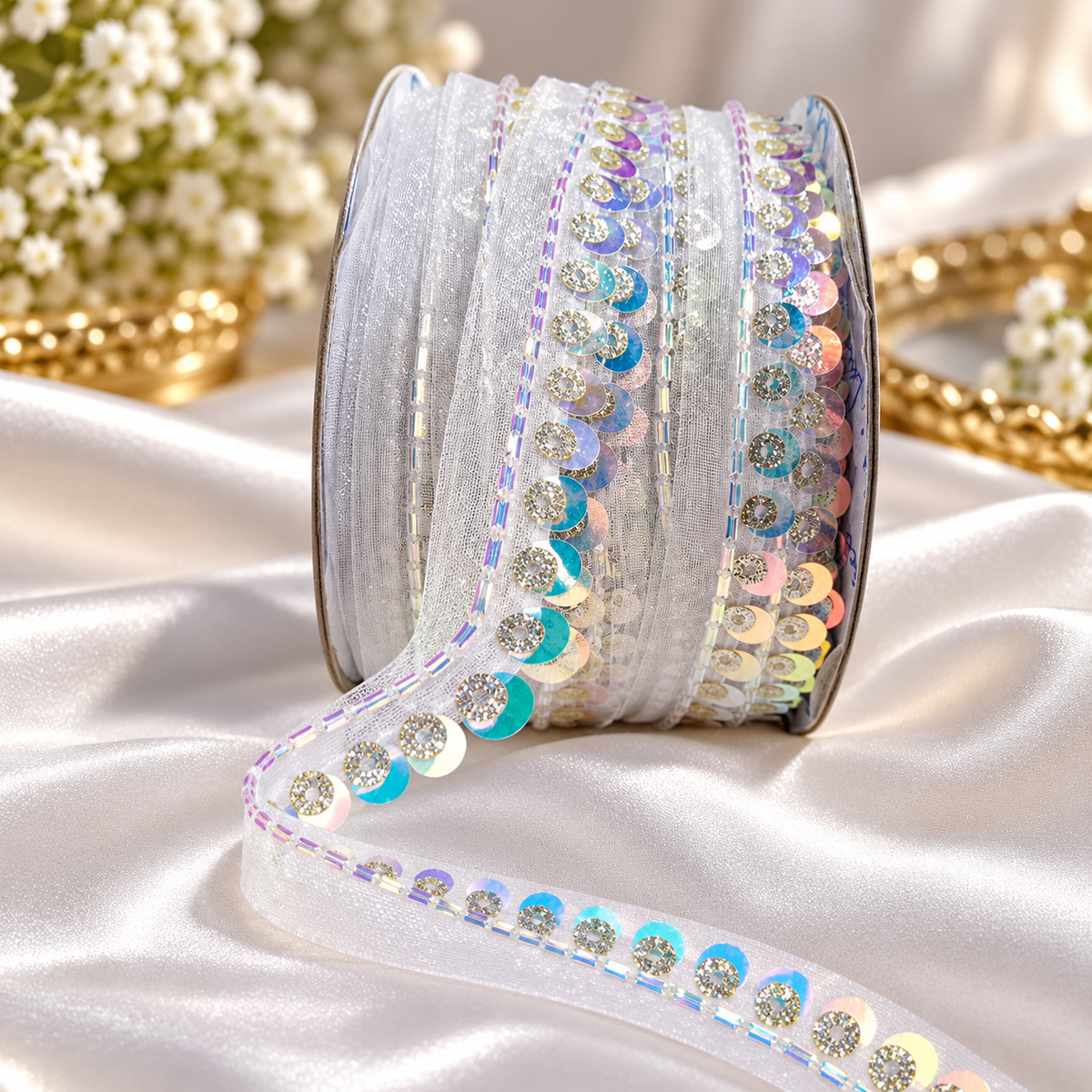 White Sequin & Bead Work Decorative Lace Border for Saree, Blouse & Dupatta – Pack of 3 Rolls, 9 Meters Each