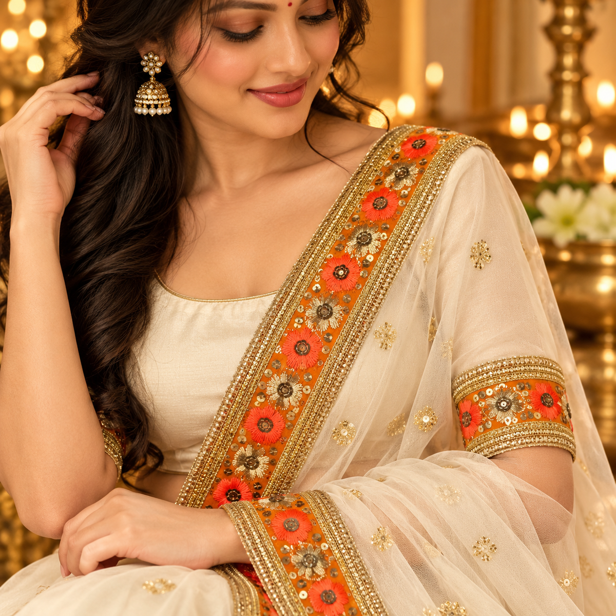 Premium Orange & Gold Floral Embroidery Lace Border with Golden Sequin Work for Saree, Lehenga, Blouse, Dupatta & Bridal Wear – 9 Meter