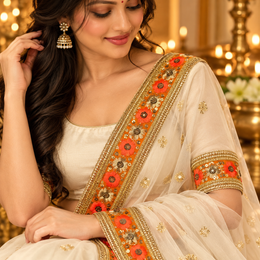 Premium Orange & Gold Floral Embroidery Lace Border with Golden Sequin Work for Saree, Lehenga, Blouse, Dupatta & Bridal Wear – 9 Meter