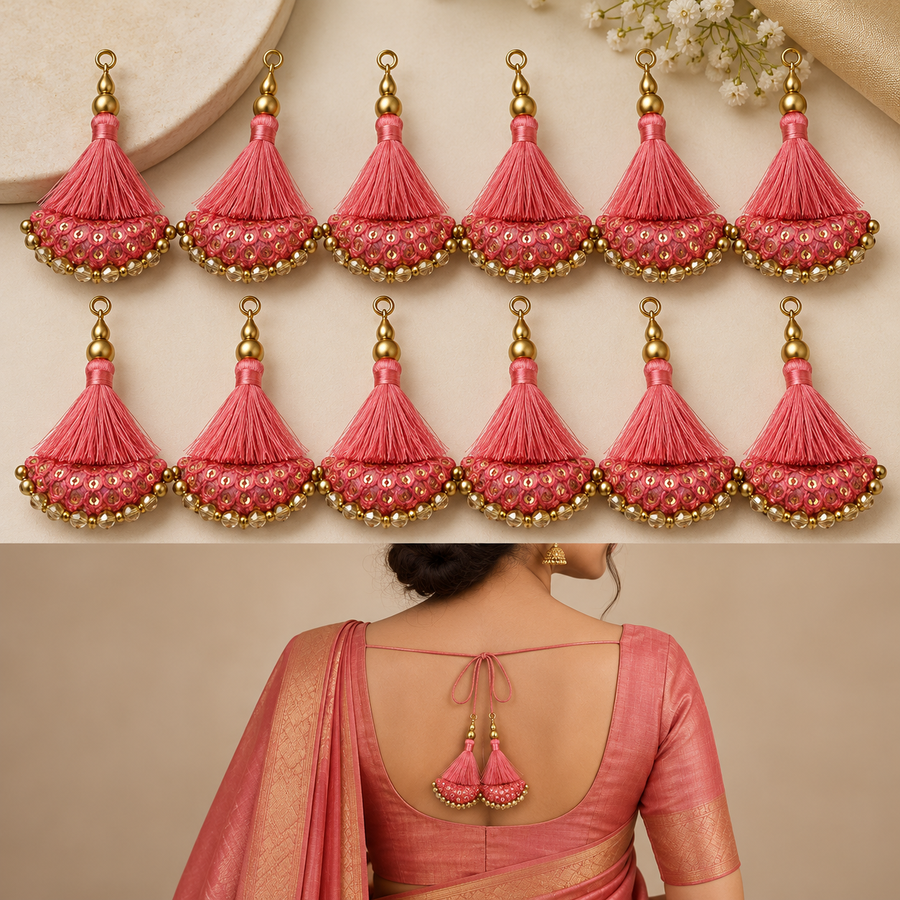 Designer Coral Pink Blouse & Lehenga Latkan with Golden Beads and Sequin Work – Pack of 12 Pieces (6 Pairs)