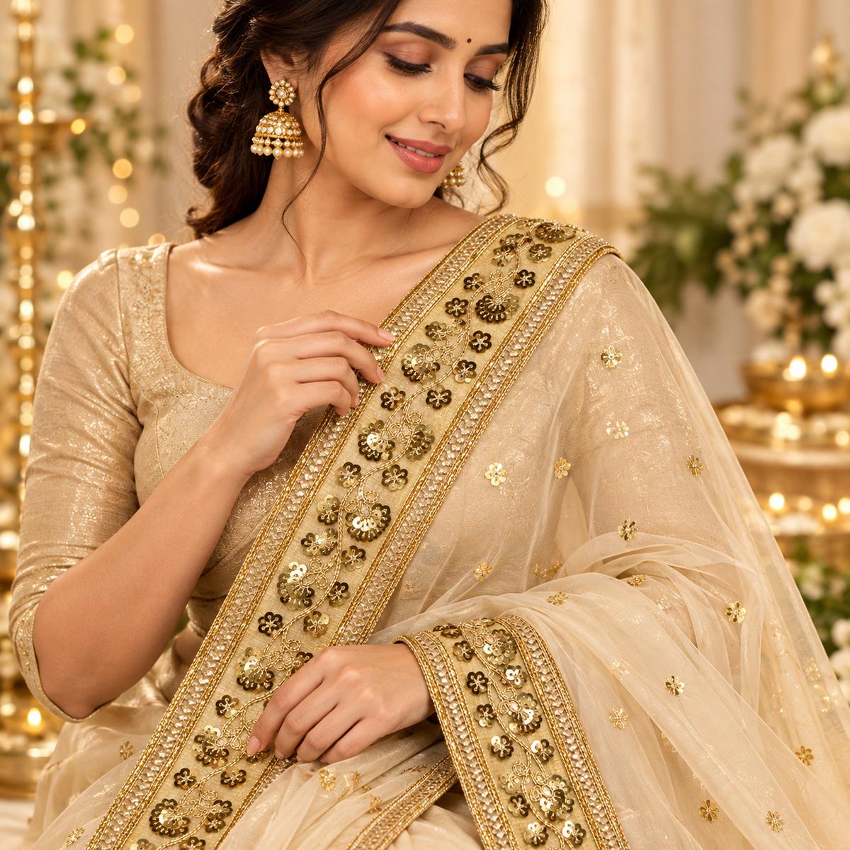 Premium Golden Floral Sequin Embroidered Lace Border with Crystal-Style Stone Work for Saree, Blouse, Dupatta, Lehenga & Kurti – 9 Meter