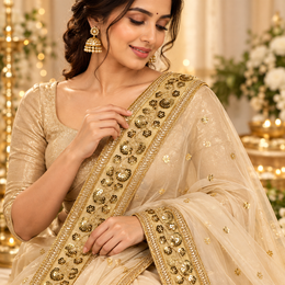 Premium Golden Floral Sequin Embroidered Lace Border with Crystal-Style Stone Work for Saree, Blouse, Dupatta, Lehenga & Kurti – 9 Meter
