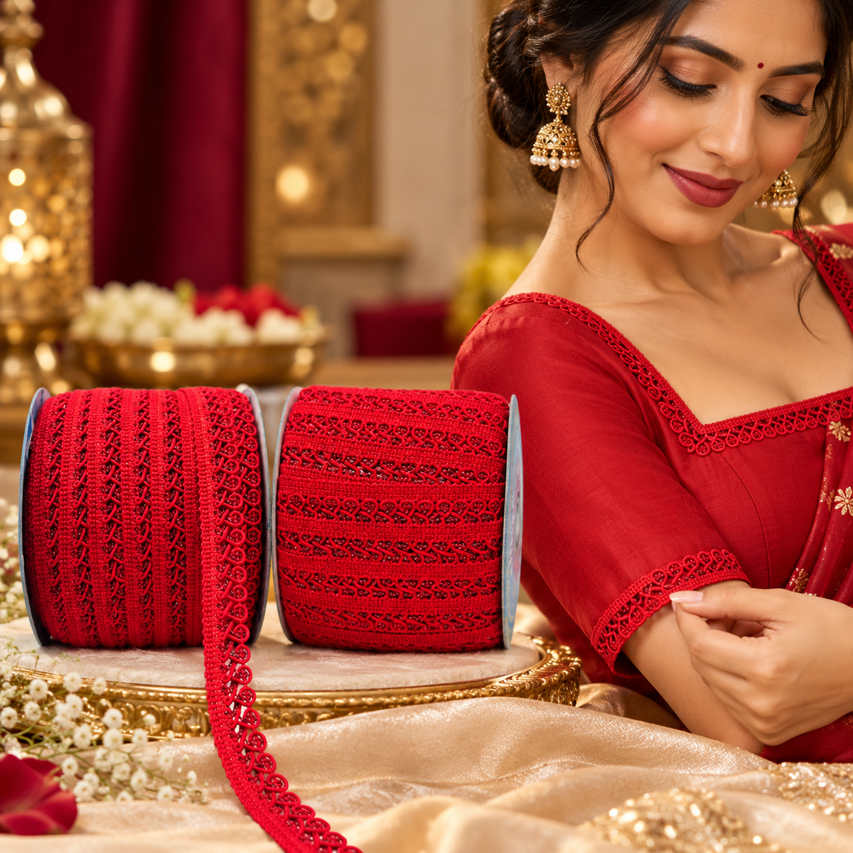 Red Designer Loop Lace Border 18 Meter | Decorative Embroidered Lace Trim for Saree, Blouse, Kurti, Dupatta & Lehenga