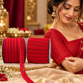 Red Designer Loop Lace Border 18 Meter | Decorative Embroidered Lace Trim for Saree, Blouse, Kurti, Dupatta & Lehenga