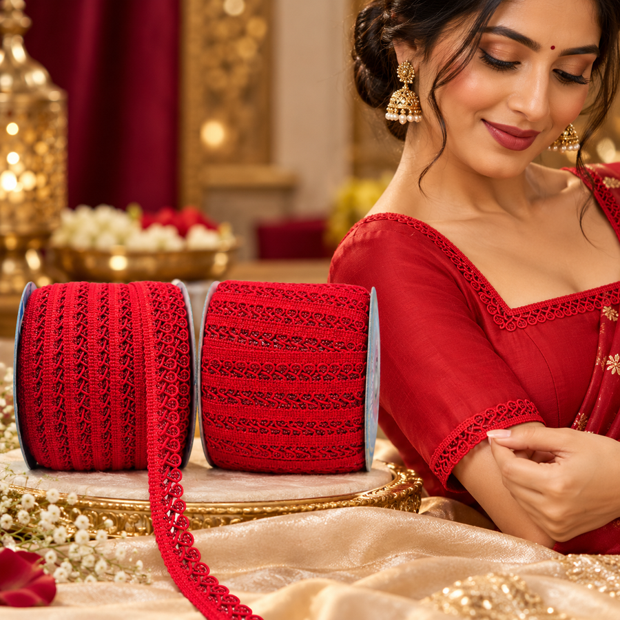 Red Designer Loop Lace Border 18 Meter | Decorative Embroidered Lace Trim for Saree, Blouse, Kurti, Dupatta & Lehenga