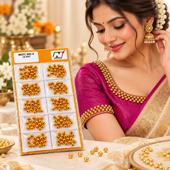 Golden Moti No. 4 Round Decorative Beads for Blouse, Saree, Lehenga, Latkan & Craft Work | Pack of 10 Packets