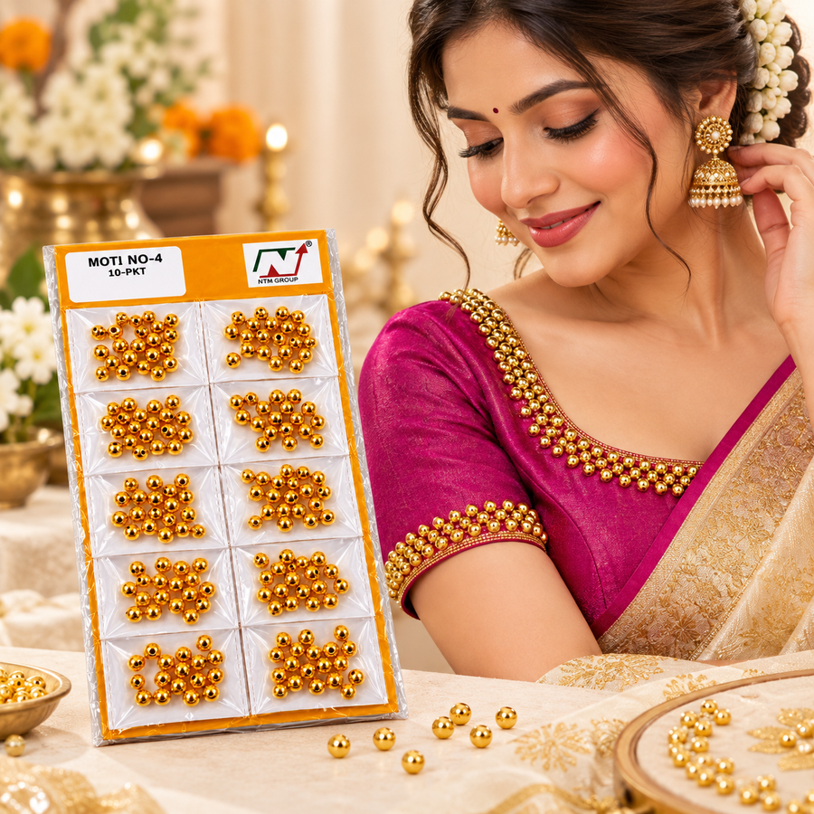 Golden Moti No. 4 Round Decorative Beads for Blouse, Saree, Lehenga, Latkan & Craft Work | Pack of 10 Packets