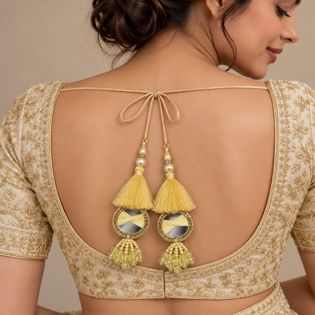 Golden Yellow Mirror Work Designer Latkan for Blouse & Lehenga Dori | Silk Thread Tassels with Round Mirror, Pearl & Crystal Bead Hanging | Pack of 12 Pieces (6 Pairs)