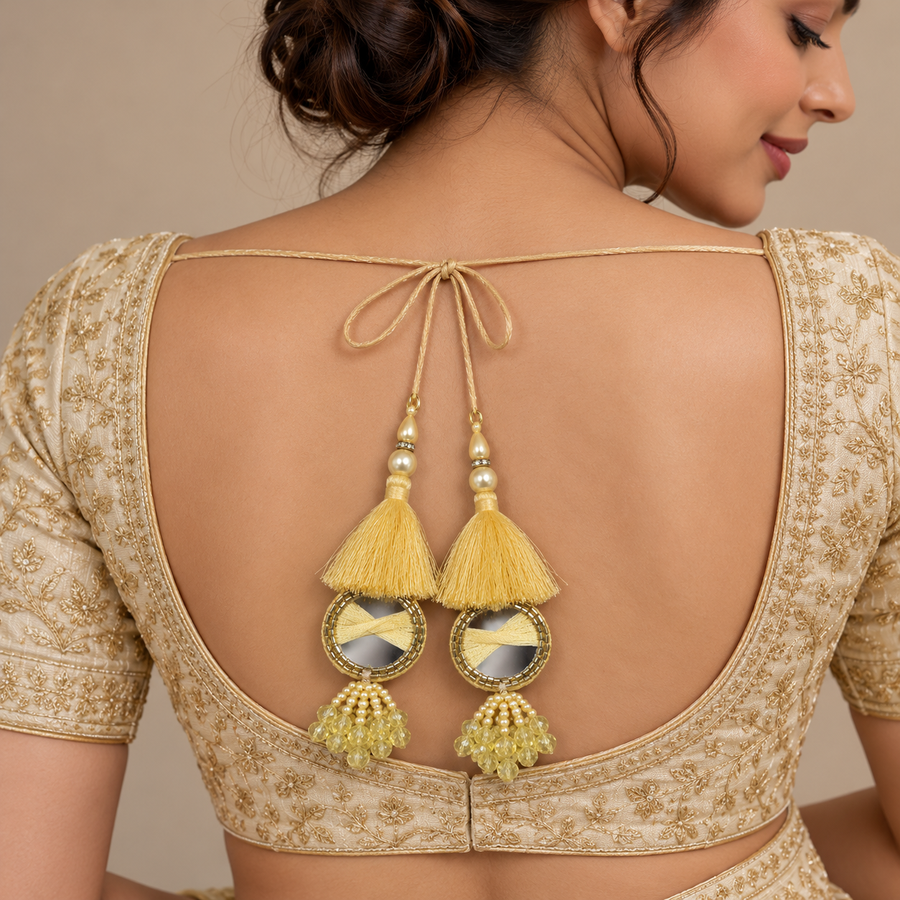 Golden Yellow Mirror Work Designer Latkan for Blouse & Lehenga Dori | Silk Thread Tassels with Round Mirror, Pearl & Crystal Bead Hanging | Pack of 12 Pieces (6 Pairs)