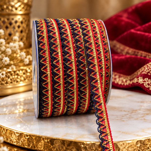 Red Navy Blue Golden Designer Zigzag Lace Border for Saree, Blouse, Dupatta & Lehenga | Decorative Ethnic Lace Trim | Pack of 3 Rolls – 18 Meter